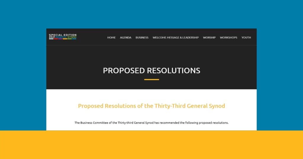 Screenshot of Synod webpage containing resolutions, 3/18/21