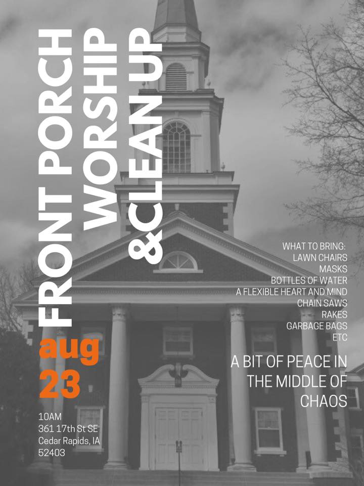 Front porch worship flier, Cedar Rapids, Iowa, Aug. 2020