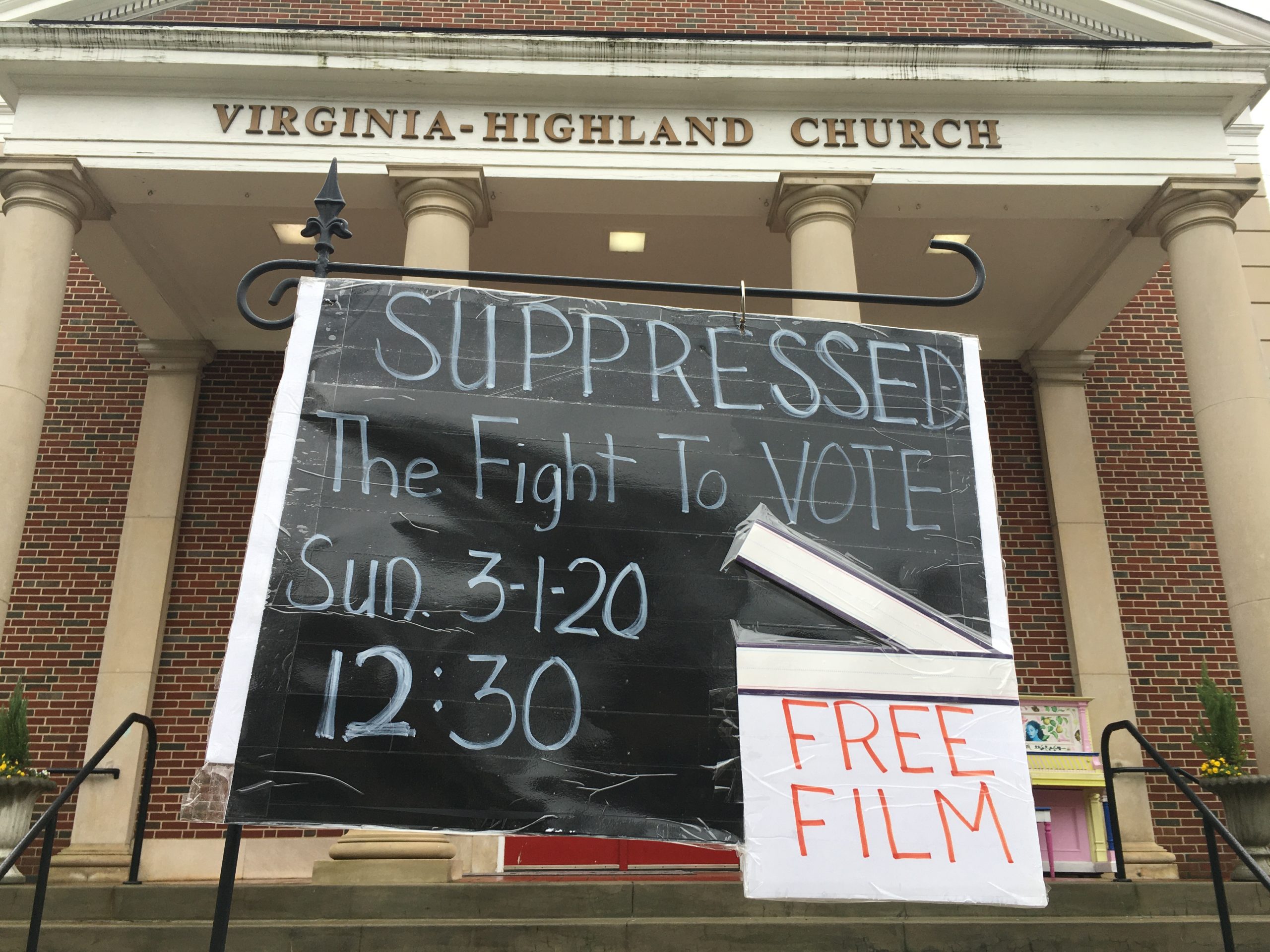 Film sign at Virginia-Highland Church 3/1/20