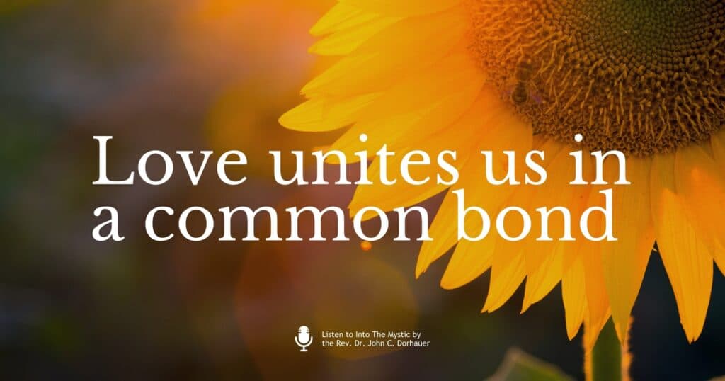 Picture of a sunflower with a bee pollinating it with the words, “Love unites us in a common bond.” Listen to Into The Mystic by the Rev. Dr. John C. Dorhauer.