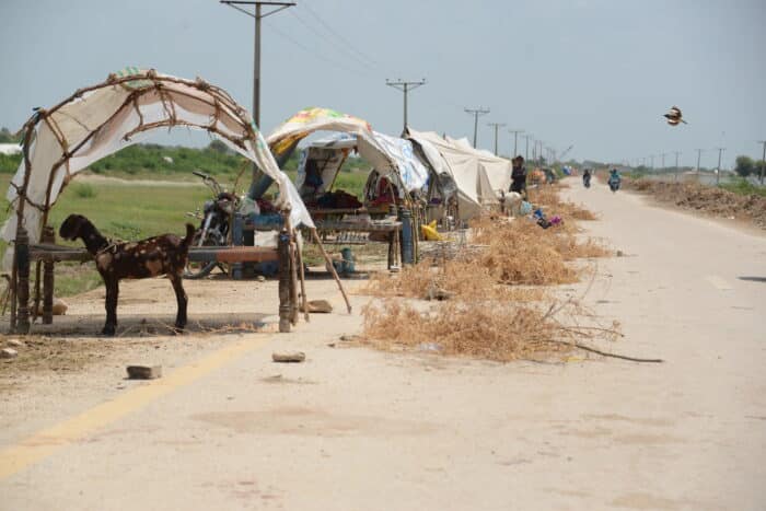Temporary shelters along roadside in Pakistan