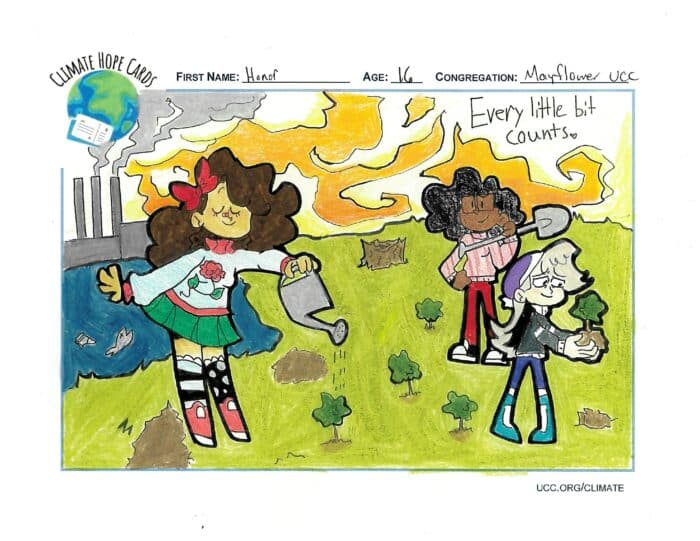a fully colored marker drawing shows three cartoon children. The largest one, to the left, has olive skin, brown curly hair with a red bow in it, a white sweater with a rose, a green skirt, black and white socks with mismatched patterns, and red shoes. This child is holding a watering can and watering a very small tree. Next, toward the right, is another young person with brown skin, black curly hair, square-frame glasses, a red and white striped sweater, red pants, and black shoes. This child is holding a shovel over their shoulder and smiling. The last child is directly to the right of the second child, has pale skin, long and wavy blond hair under a purple beanie or cap, a black sweater and blue pants and shoes. They are holding a sapling and looking at it lovingly. The children are standing in a green field with a few brown spots and a tree stump, where they have planted several tiny saplings. Behind them to the left, a pond can be seen with a gray dead fish and a can floating in it. Behind the pond, on the horizon, a gray factory with three smokestacks is emitting smoke into the sky, mingling with white and orange clouds. In the top right, amid the clouds, are the words, "Every little bit counts" with a heart shape where the period of the sentence would be.