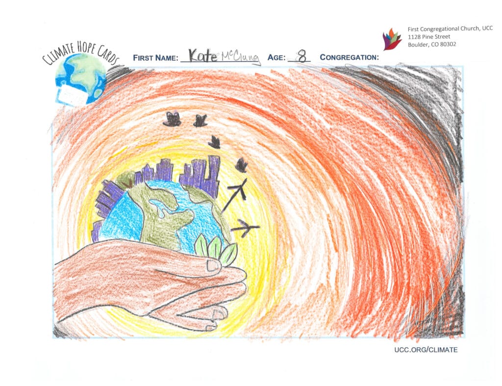 A crayon or colored pencil drawing of two brown hands cupping and holding up the blue and green earth, as well as a few leaves. Purple skyscrapers and a tree are rising off the round planet. Above it, the silhouettes of a few birds and planes are hovering. Behind, centered with the earth, is a yellow sun-like circle, which is haloed with an orange layer, then red-orange, and finally black.