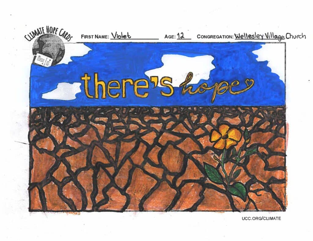 A fully colored marker drawing shows brown, cracked land leading to a horizon of blue sky with a few white clouds. In the forefront, a small yellow-orange flower with green stems and leaves is growing from the dry ground. Above the horizon, in the sky, yellow words read "there's hope," with the word "there's" in block letters and the word "hope" in cursive, with the "e" ending in a small heart.