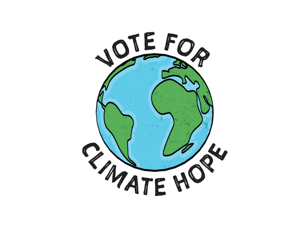 Emblem for the UCC's Vote for Climate Hope 2024 Campaign. Includes an illustration of the globe with the words, "Vote for Climate Hope"