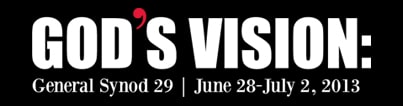 General Synod 29 - 2013 Logo. The text "God's Vision" in listed in white on black background with the apostrophe in red like the UCC comma logo of the time.