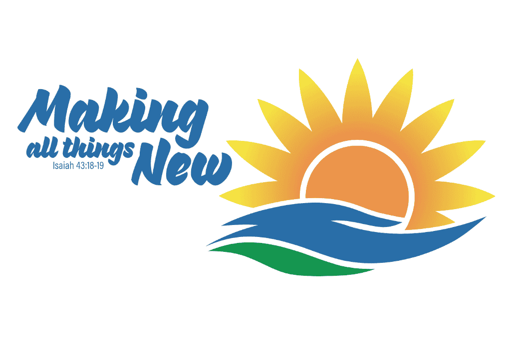 General Synod 34 - 2023 Logo. The text "Making All Things New" appears next to a bright yellow sun shining above water and land.