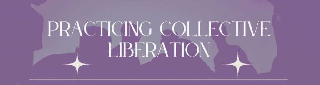 The text "Practicing Collective Liberation" appears over the silhouettes of several people gathering with a hazy sky behind them.