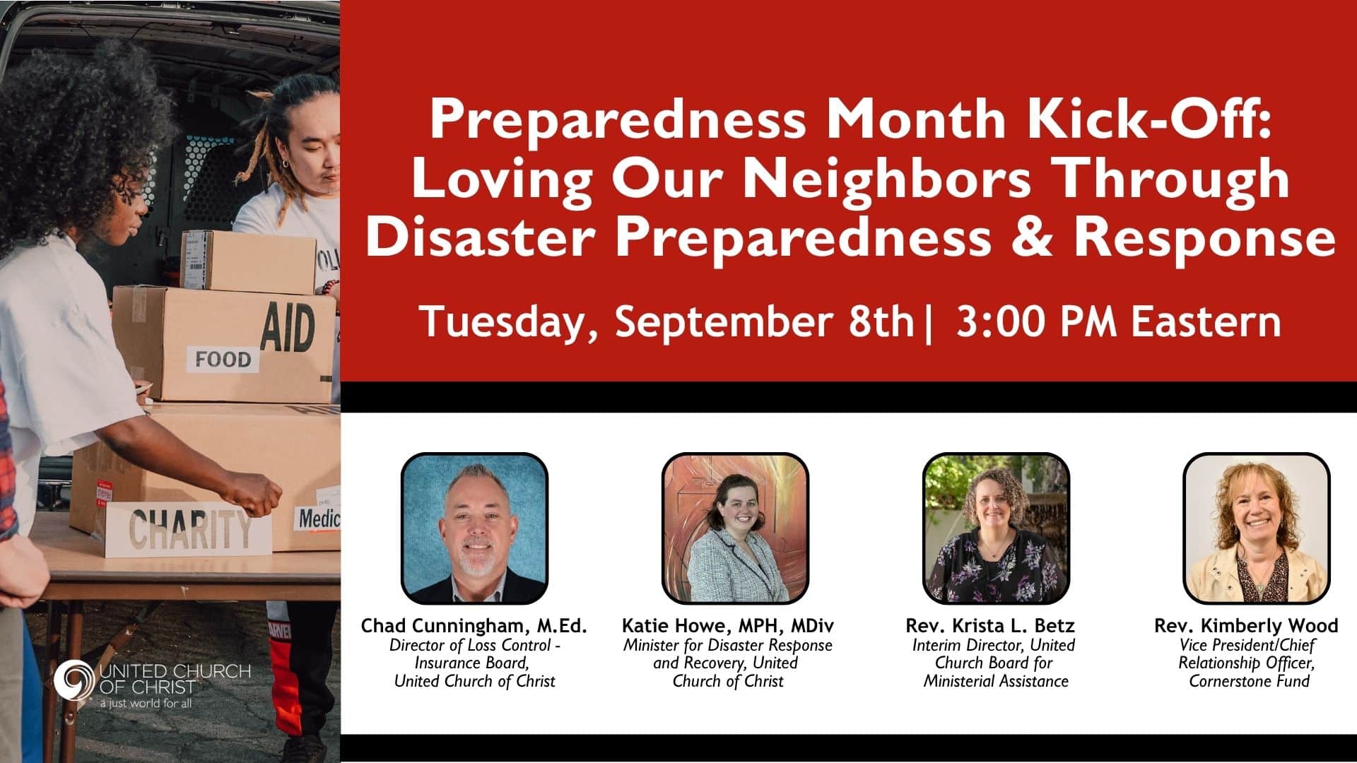 Join UCC Disaster Ministries, Insurance Board, Pension Boards, and Cornerstone Fund, for a collaborative Preparedness Month kickoff webinar. Text reads the event is September 8 at 3:00pm.
