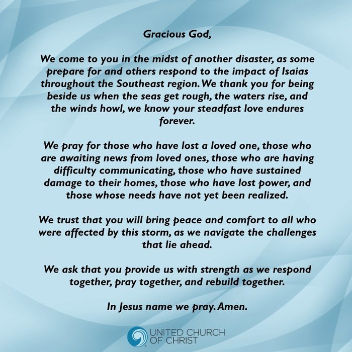A prayer for the Southeast region of the United States of America in the wake of the disaster caused by Post-Tropical Cylcone Isaias.