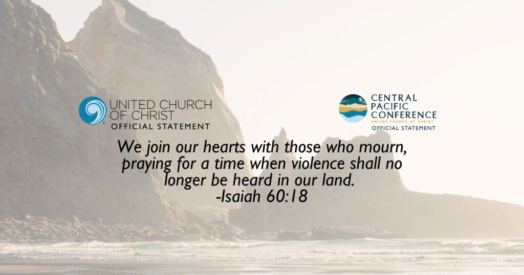 Text overlay on a Oregon shoreline with the scripture "We join our hearts with those who mourn praying for a time when violence shall no longer be heard in our land. - Isaiah 60:18"